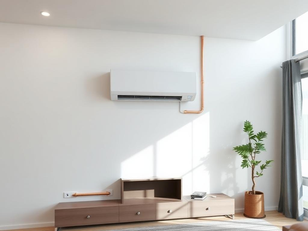 Split AC neatly installed in a living room with concealed copper piping